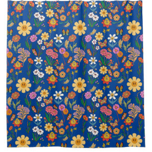Cortina De Ducha Patrón de flores psicodélicas x4 azul BG