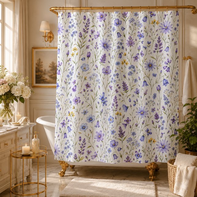 Cortina De Ducha Patrón de flores silvestres acuarela amarillo púrp (Subido por el creador)