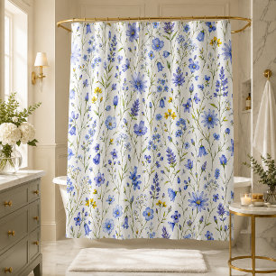 Cortina De Ducha Patrón de flores silvestres acuarela azul amarillo