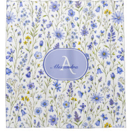 Cortina De Ducha Patrón de flores silvestres de acuarela azul con n