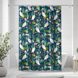 Cortina De Ducha Patrón de flores tropicales coloridas pelícanas
