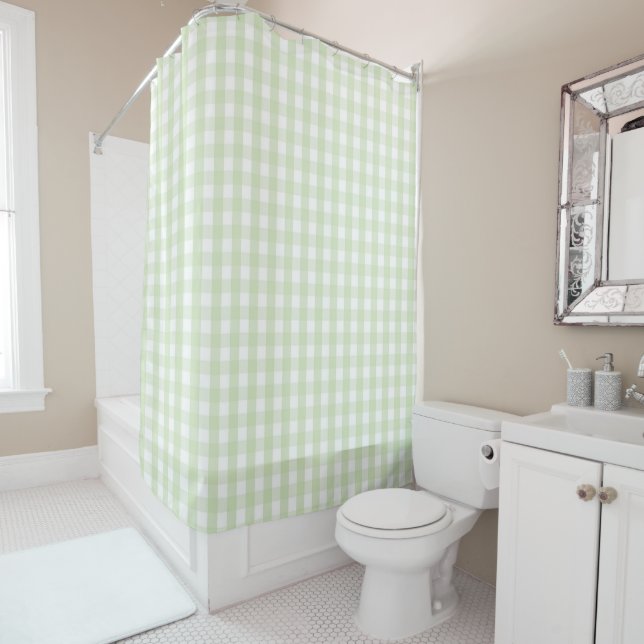 Cortina De Ducha Patrón de Gingham Pastel Verde Granja Moderna (In situ)