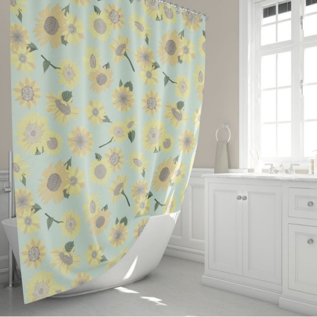 Cortina De Ducha Patrón de girasol Azul amarillo brillante (Sunflower Pattern Whimsical Yellow Blue Shower Curtain from Allison Steffen for Studio Posies.)