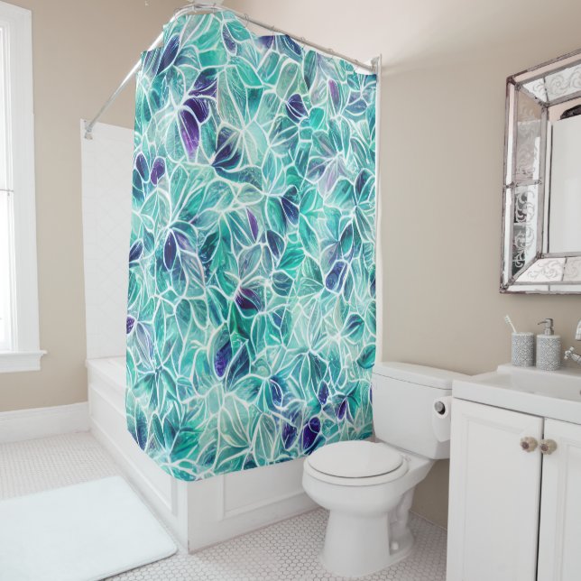 Cortina De Ducha Patrón de hoja azul de joyas (In situ)