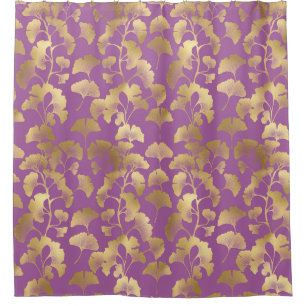 Cortina De Ducha Patrón de hoja de Ginkgo minimalista púrpura dorad