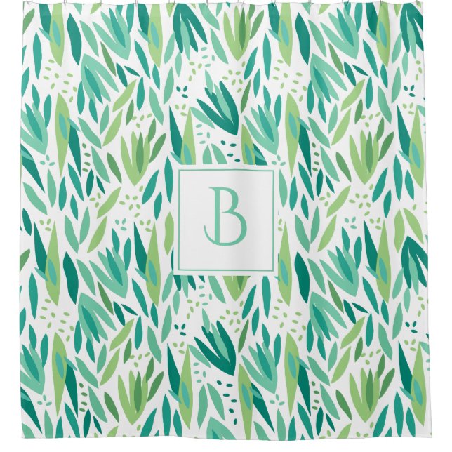 Cortina De Ducha Patrón de hojas tropicales de tonos verdes (Anverso)