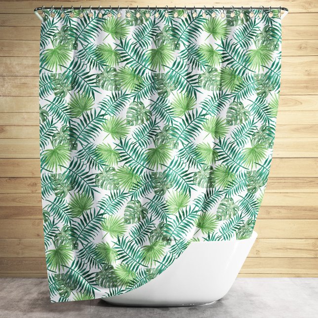 Cortina De Ducha Patrón de hojas tropicales verdes (Green Tropical Palm Leaves Pattern Shower Curtain)