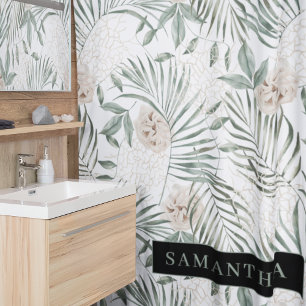 Cortina De Ducha Patrón de hojas y flores de acuarela tropical