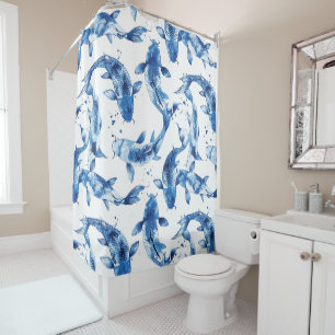 Cortina De Ducha Patrón de Koi Indigo Shibori