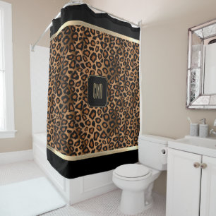 Cortina De Ducha Patrón de Leopardo Dorado Marrón y Negro - Monog