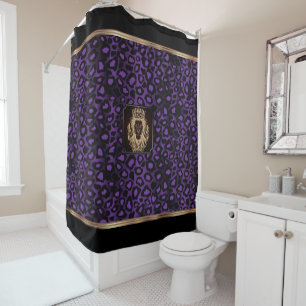 Cortina De Ducha Patrón de leopardo morado y negro con cabeza de le