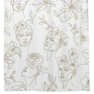 Cortina De Ducha Patrón de línea de cara floral vintage en blanco y
