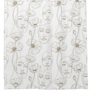 Cortina De Ducha Patrón de línea de cara floral vintage en blanco y