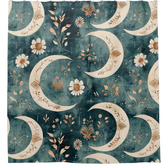 Cortina De Ducha Patrón de Luna Floral Celestial Boho (9) (Anverso)