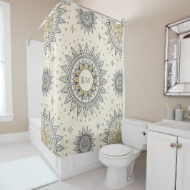 Cortina De Ducha Patrón de Mandala de Oro Gris con Monograma