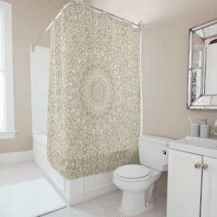 Cortina De Ducha Patrón de Mandala Ornamental Caqui y Blanco