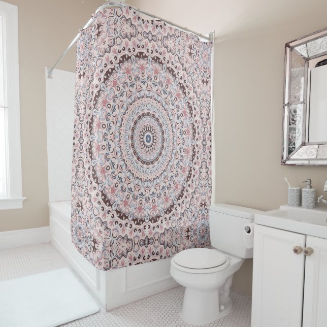 Cortina De Ducha Patrón de Mandala Rosa y Azul Boho (In situ)