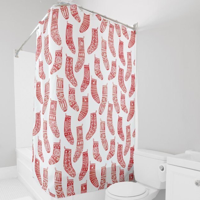 Cortina De Ducha Patrón de medias de Navidades noruegos (Red and white Nordic Christmas stockings shower curtain)