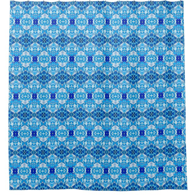 Cortina De Ducha Patrón de mosaico azul turquesa, gris y cobalto (Anverso)