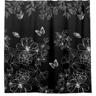 Cortina De Ducha Patrón de naturaleza floral en blanco y negro Mini