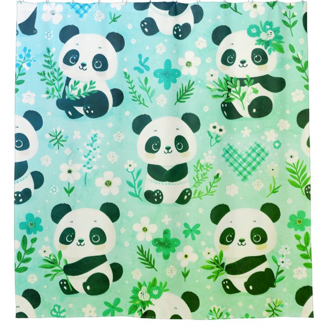 Cortina De Ducha Patrón de oso panda impresión verde (Anverso)
