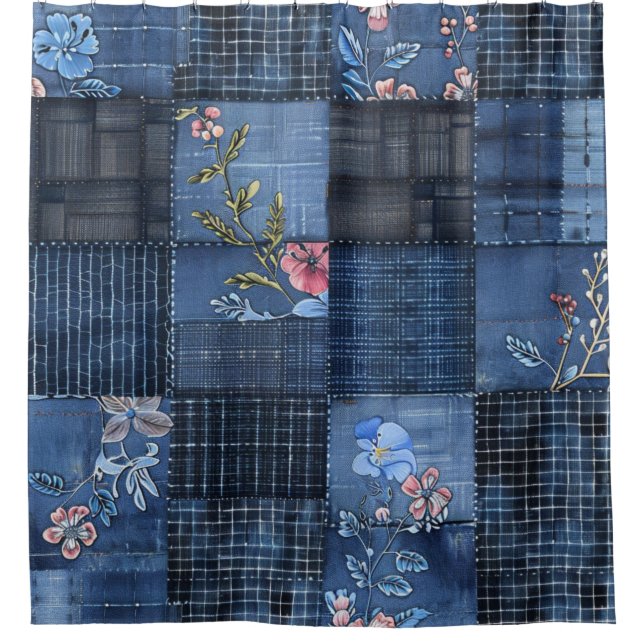 Cortina De Ducha Patrón de parches florales índigo | Boho Denim (Anverso)