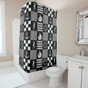 Cortina De Ducha Patrón de patchwork náutico en blanco y negro