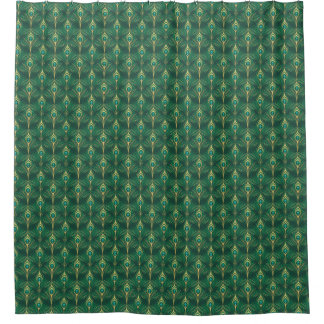 Cortina De Ducha Patrón de Plumas de Pavo Real en Verde Esmeralda y