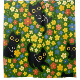 Cortina De Ducha Patrón de prado floral con gatos negros lindos