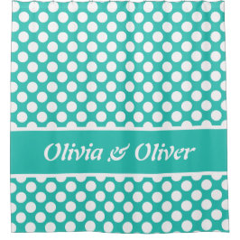 Cortina De Ducha Patrón de puntos de polka blanco y turquesa de ver