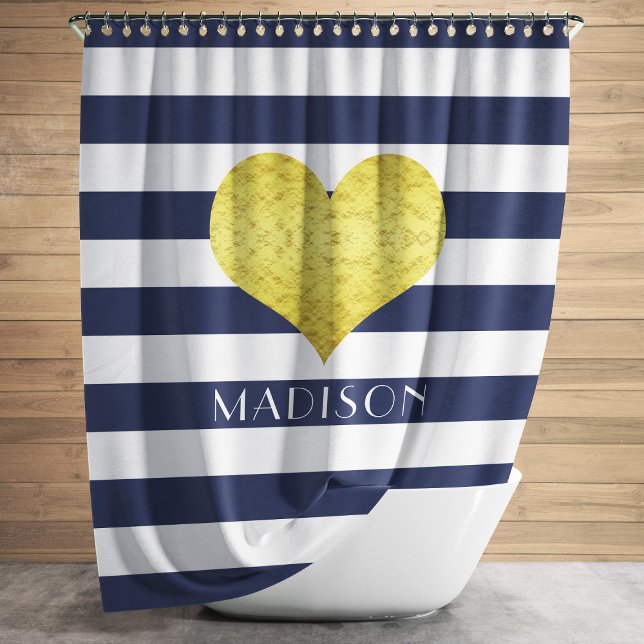 Cortina De Ducha Patrón de rayas azul marino moderado (Modern Gold Heart Blue Stripes Pattern Shower Curtain)