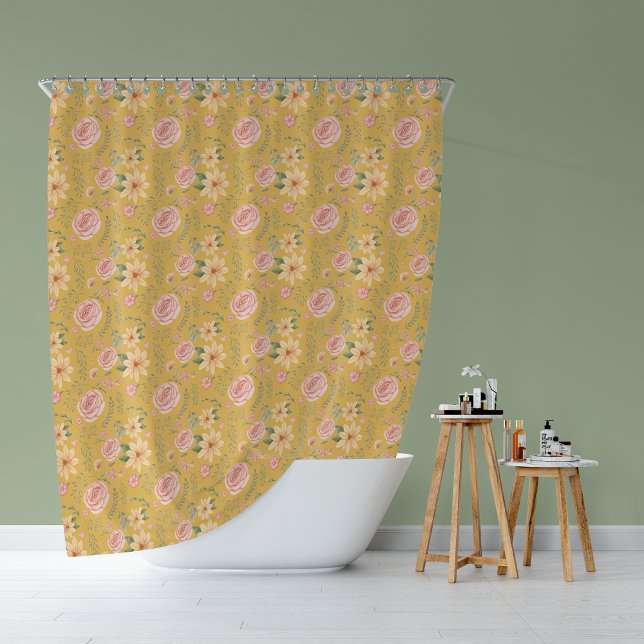 Cortina De Ducha Patrón de Rosa de Flor Silvestre Amarillo (Custard Yellow Vintage Wildflower Rose Pattern Shower Curtain)