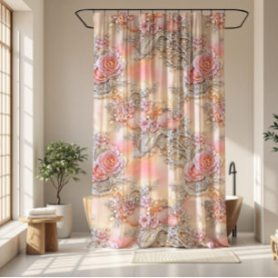 Cortina De Ducha Patrón de rosas rosadas rosadas y plateadas girato