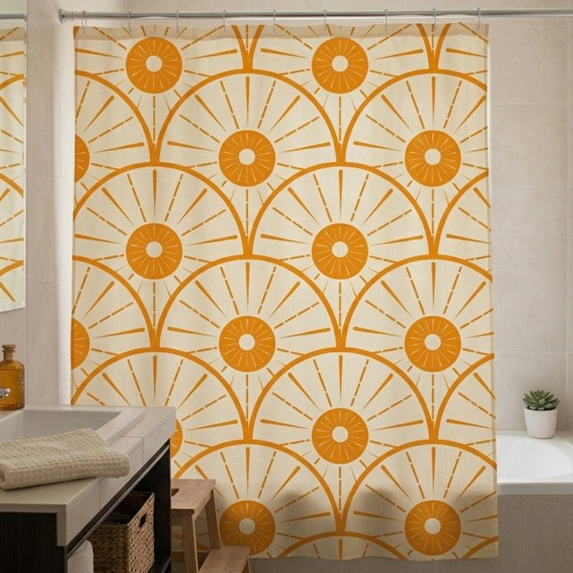 Cortina De Ducha Patrón de sol abstracto Art Déco naranja (Art Deco Orange Sun Shower Curtain )