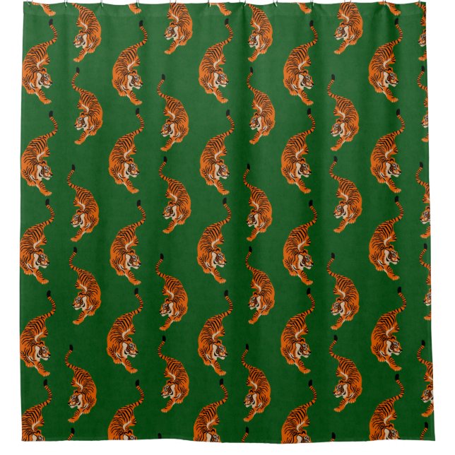 Cortina De Ducha Patrón de tigre con fondo verde (Anverso)