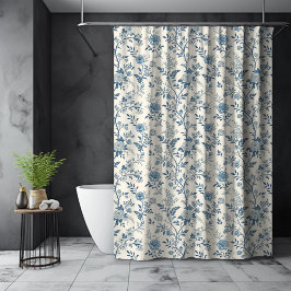 Cortina De Ducha Patrón de Toile de Jouy Floral Francés Azul