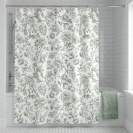 Cortina De Ducha Patrón de Toile Vintage Floral Verde Salvia