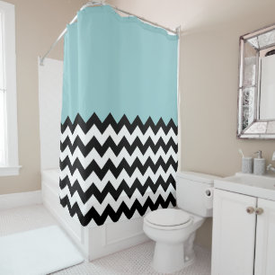 Cortina De Ducha Patrón de zigzag negro y blanco, chevron, azul
