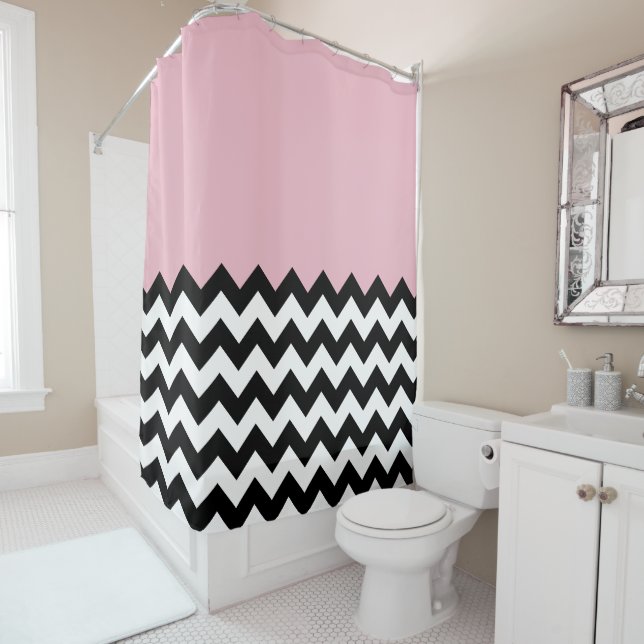 Cortina De Ducha Patrón de zigzag negro y blanco, chevron, rosa (In situ)
