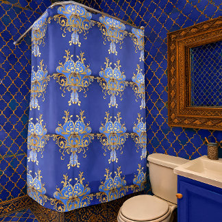 Cortina De Ducha Patrón dorado azul real arabesco ornamental