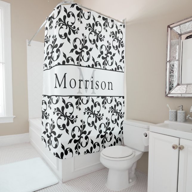 Cortina De Ducha Patrón elegante de damasco francés blanco y negro (In situ)