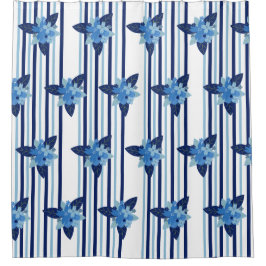 Cortina De Ducha Patrón elegante de franja floral azul monocromátic