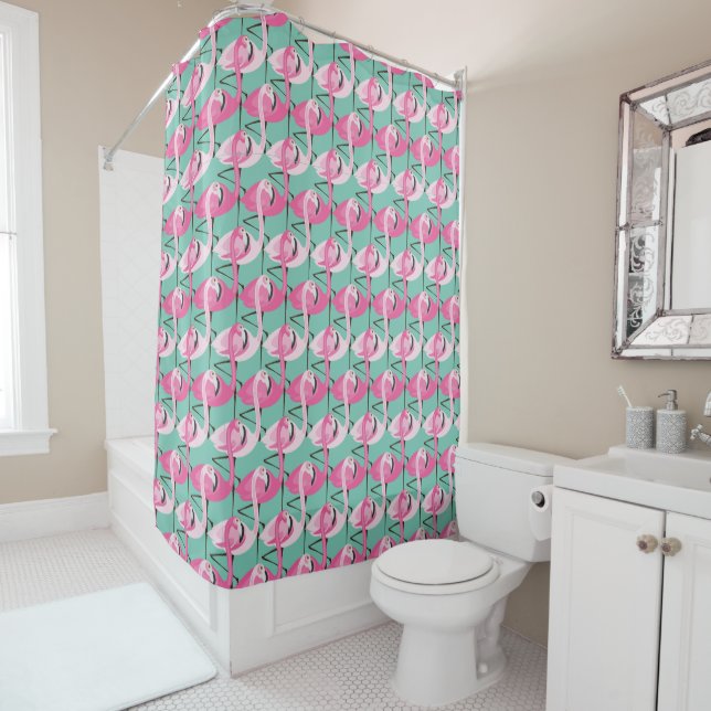 Cortina De Ducha Patrón Flamingo Retro Rosa y Aqua (In situ)