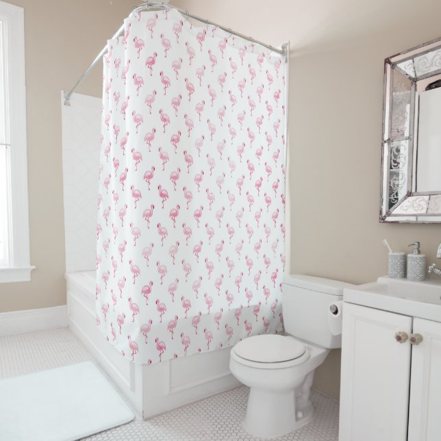 Cortina De Ducha Patrón Flamingo Tropical Rosa de Guay en blanco (In situ)