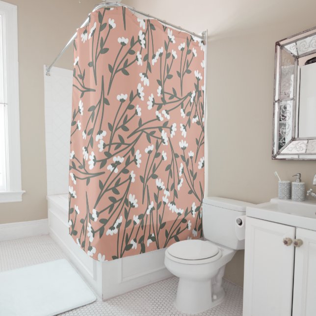 Cortina De Ducha Patrón floral blanco rosa y verde (In situ)