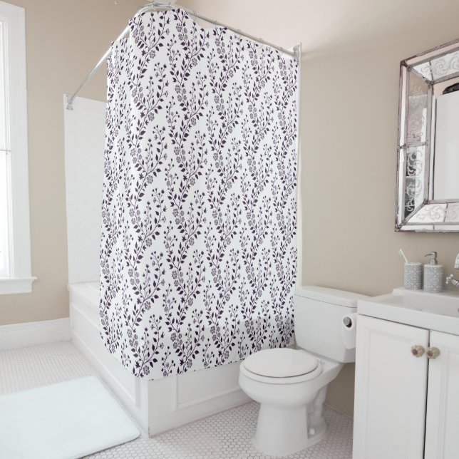 Cortina De Ducha Patrón floral boho moderno ciruela blanco (In situ)