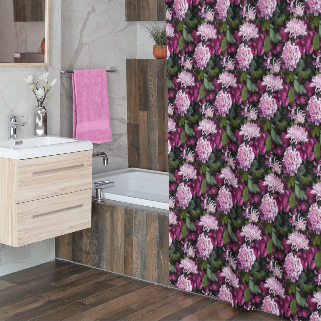 Cortina De Ducha Patrón floral de crisantemas rosados (In Situ Bathroom)