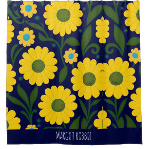 Cortina De Ducha Patrón floral de fondo azul de color amarillo