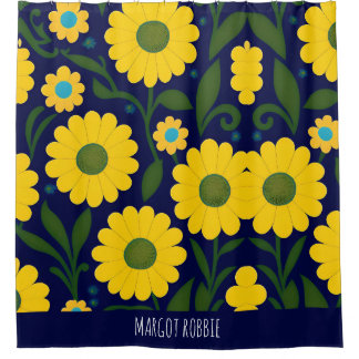 Cortina De Ducha Patrón floral de fondo azul de color amarillo