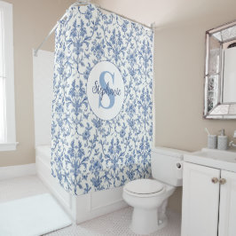 Cortina De Ducha Patrón Floral de Toile Francés Azul con Monograma 